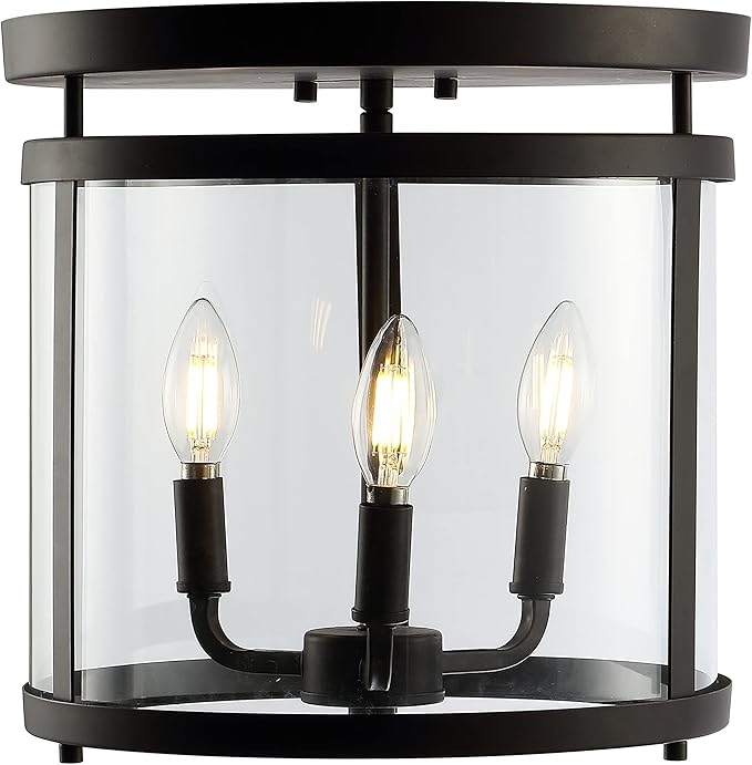 JONATHAN Y 12.5" Oil Rubbed Bronze 3-Light Iron and Glass Flush Mount, Modern Farmhouse Rustic Vintage Lantern for Kitchen Bedroom Entryway, UL Listed, LED Bulbs Included JYL7503A