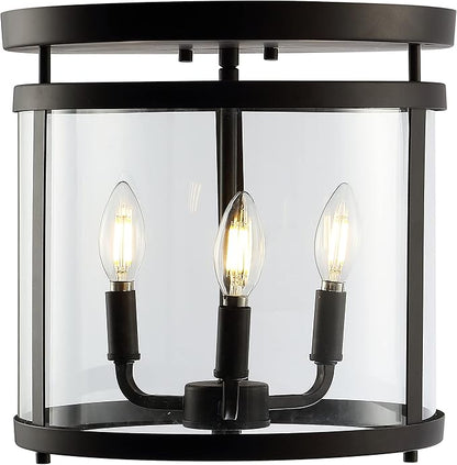 JONATHAN Y 12.5" Oil Rubbed Bronze 3-Light Iron and Glass Flush Mount, Modern Farmhouse Rustic Vintage Lantern for Kitchen Bedroom Entryway, UL Listed, LED Bulbs Included JYL7503A
