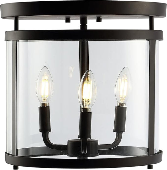 JONATHAN Y 12.5" Oil Rubbed Bronze 3-Light Iron and Glass Flush Mount, Modern Farmhouse Rustic Vintage Lantern for Kitchen Bedroom Entryway, UL Listed, LED Bulbs Included JYL7503A