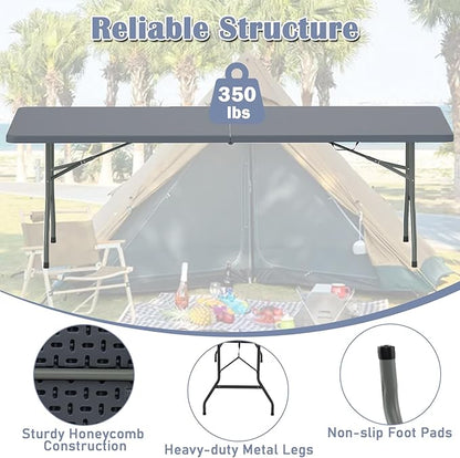 Tangkula 8 FT Folding Table, Indoor Outdoor Foldable Plastic Table with HDPE Tabletop, Sturdy Metal Fame, Carrying Handle, Heavy Duty Portable Fold-in-Half Picnic Table for Camping BBQ Party