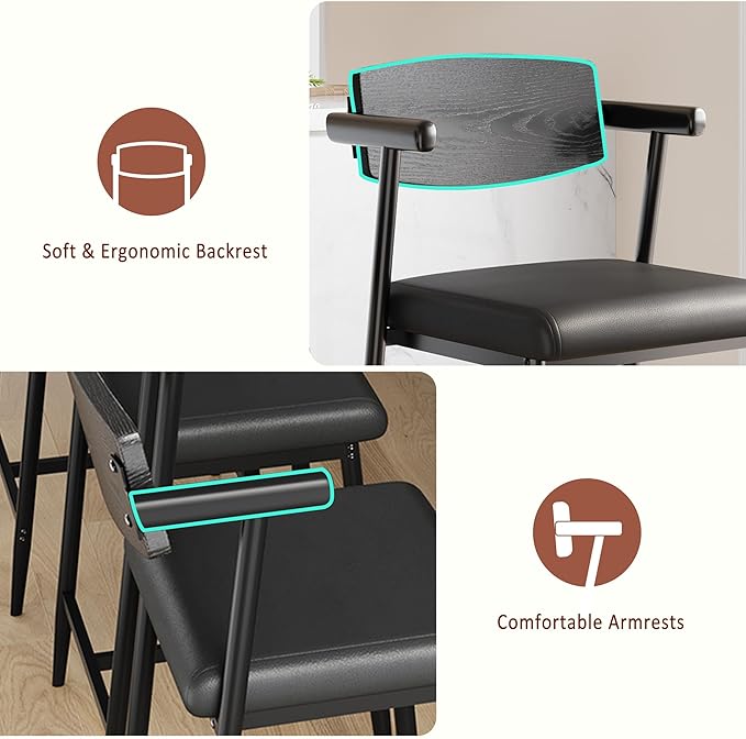 GarveeHome Bar Stools Set of 6 with Arms, 26" Modern 6pcs Counter Height Metal Barstools Set with Wood Back & Footrest, Wider Seat, Sturdy Frame, for Counter Bar, Kitchen Island, Retro Black