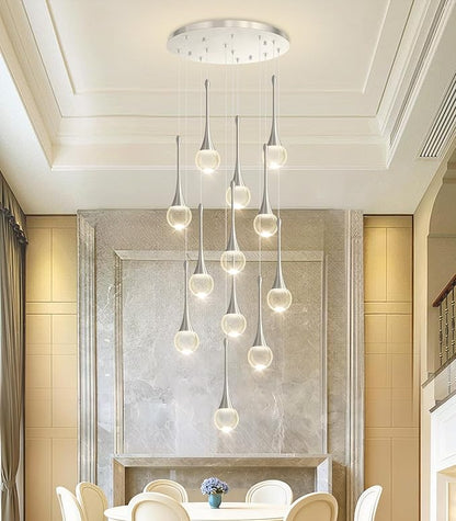 12 Light High Ceiling Crystal Chandelier Dimmable LED Pendant Lights with Remote Adjustable Chandeliers for Foyer Staircase Living Room Silver