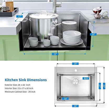 Drop In Kitchen Sink 26" X 22",Top Mount 16 Gauge Stainless Steel Workstation Sink,Single Bowl Kitchen Sinks