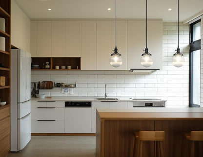 Phansthy Kitchen Island Lighting, 3 Lights Linear Chandeliers, Hanging Light with 5.9" Globe Striped Glass Shade, 3-Light Pendant Light Fixtures for Dining Room Farmhouse (Black, Long Base)