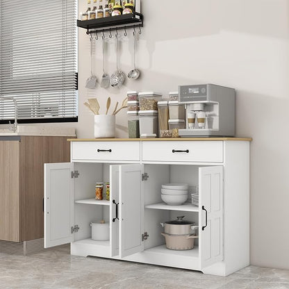 Locsear White Buffet Cabinet, Coffee Bar Cabinet with 2 Drawers & 4 Doors, Kitchen Buffet Sideboard for Living Room (15.35" D x 47.95" W x 32.08" H)