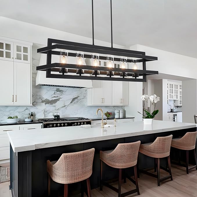 41" Black Pendant Lights Kitchen Island, Dining Room Light Fixtures 6-Light Rectangle Glass Shade Kitchen Island Lighting, Large Chandeliers for Dining Room with Adjustable Height