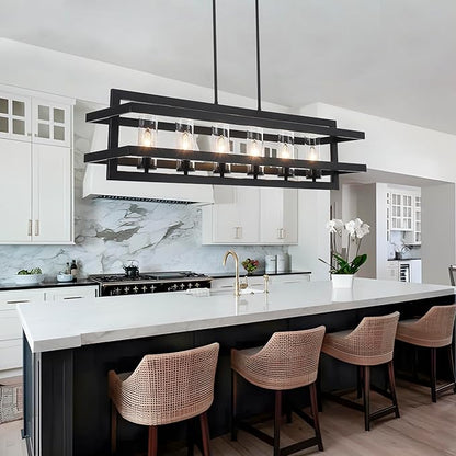 41" Black Pendant Lights Kitchen Island, Dining Room Light Fixtures 6-Light Rectangle Glass Shade Kitchen Island Lighting, Large Chandeliers for Dining Room with Adjustable Height