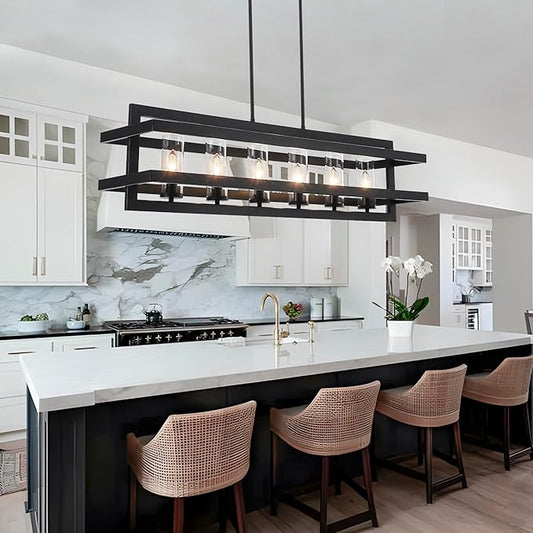 41" Black Pendant Lights Kitchen Island, Dining Room Light Fixtures 6-Light Rectangle Glass Shade Kitchen Island Lighting, Large Chandeliers for Dining Room with Adjustable Height