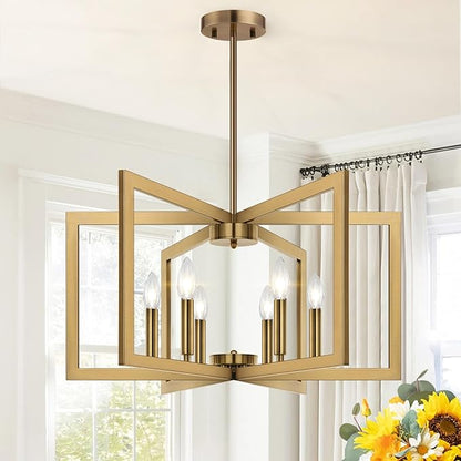 25" Modern Brass Chandelier for Dining Room, No Assembly Required Brass Dining Room Light Fixture Over Table, Industrial Metal Hanging Pendant Lights Fixture for Kitchen Island, Entryway, Foyer