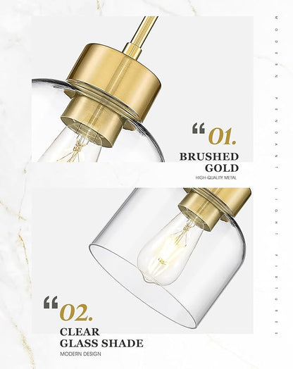 Gold Pendant Lights Kitchen Island, 7" Hanging Lights Fixtures with Clear Glass Shade, Modern Brass Kitchen Pendant Lighting Over Island for Dining Room, AD-24024-1P-GD