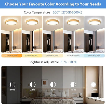 Pevfah Modern Dimmable Wood Flush Mount Ceiling Light, 2700K-6000K 5CCT Round Close to Ceiling Lighting Fixtures, Minimalist LED Ceiling Lamp for Bedroom, Kitchen, Hallway, Living Room-15.74in
