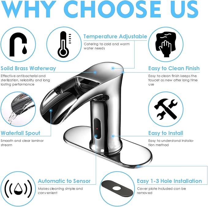 Automatic Sensor Touchless Waterfall Bathroom Sink Faucet, Modern Electronic Sensor Lavatory Faucet, Chrome Hands Free Vanity Faucets with Control Box and Temperature Mixer