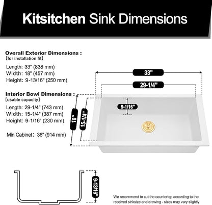 Kitsitchen White Undermount Kitchen Sink, Granite Composite Kitchen Sink with Drain Assembly & Bottom Gird,33 Inch Quartz Stone Kitchen Sink (White, 33"x18")