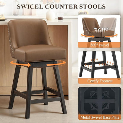 MALOL Swivel Bar Stools Set of 3, 27" Counter Height Kitchen Stools with Padded Seats and Solid Wood Legs, Upholstered Barstools for Kitchen Island, Breakfast Nook (Brown)