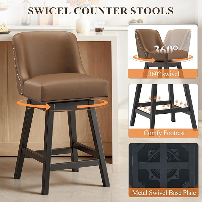 MALOL Swivel Bar Stools, 27" Counter Height Kitchen Stools with Padded Seats and Solid Wood Legs, Leather Barstools for Kitchen Island, Breakfast Nook (Brown)
