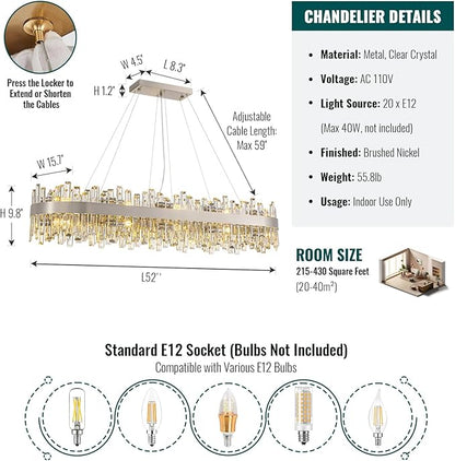 Siljoy Modern Crystal Chandelier, 20-Light Brushed Nickel K9 Crystal Raindrop Chandelier, Luxury Large Dimmable Crystal Ceiling Light for Dining Room Living Room Kitchen Island Entry Foyer L52''