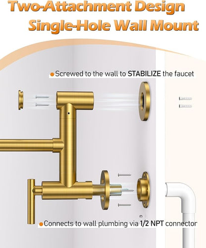 WOWOW Gold Pot Filler Faucet: Single Hole Wall Mount Stove Faucet, Brass Pot Filler Two Attachment with Double Joint Swing Arms