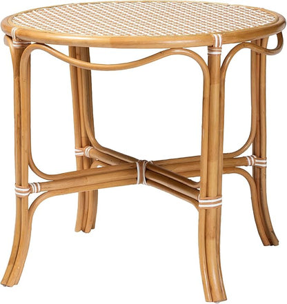 Bali & pari Mattie Natural Rattan Round Bistro Dining Table - Handwoven Cafe-Style Accent Table for Kitchen or Indoor/Outdoor Lounge, Honey Natural & White