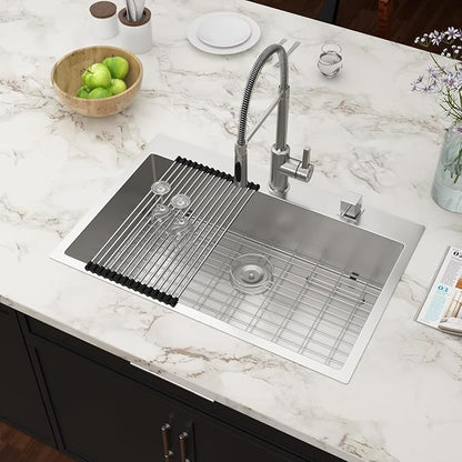33x22 Drop In Kitchen Sink - Couoko 33 Inch 16 Gauge T304 Stainless Steel Drop In Sink Large Deep Handmade Single Bowl Kitchen Sinks with Accessories, 33"x22"x9"