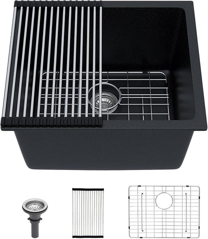 21"x18"x12" Undermount Laundry Sink - 12" Deep Granite Composite Laundry Room Sink, Matte Black Classic Quartz Under Counter Single Bowl Extra Deep Utility Sinks #TLGU-145