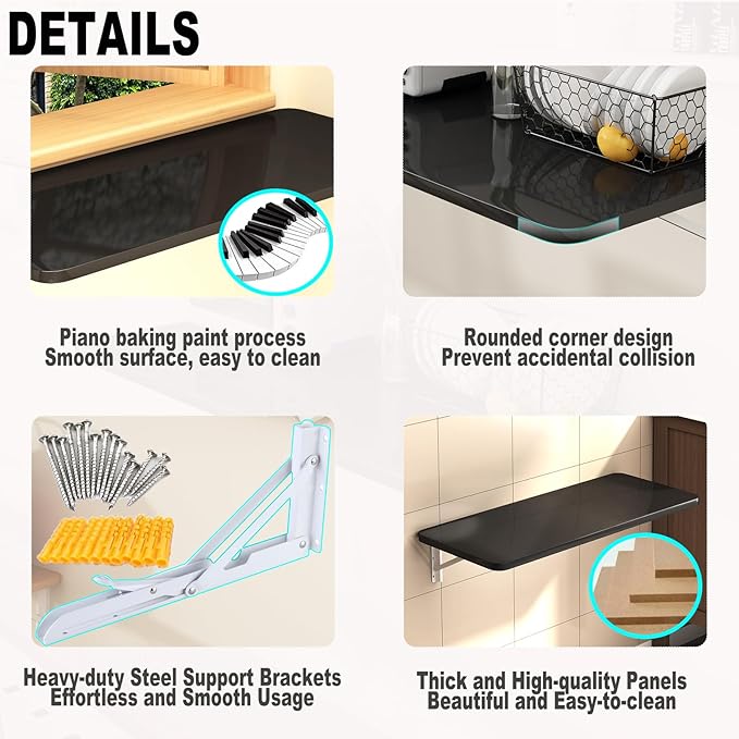 Wall Mounted Folding Table for Laundry Room Piano Baking Paint Waterproof, Wall Mount Table Fold Down Multi Size, Foldable Desk for Kitchens、Handicraft Production、Bars、Sewing Station（Black）