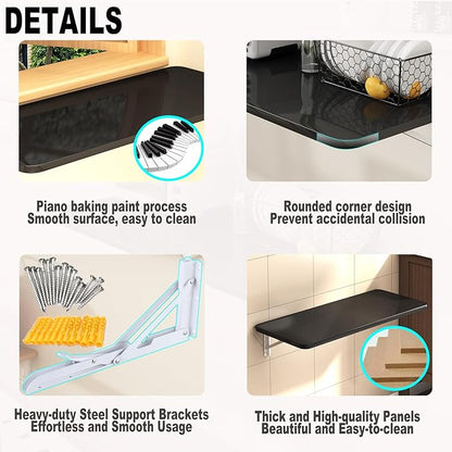 Wall Mounted Folding Table for Laundry Room Piano Baking Paint Waterproof, Wall Mount Table Fold Down Multi Size, Foldable Desk for Kitchens、Handicraft Production、Bars、Sewing Station（Black）