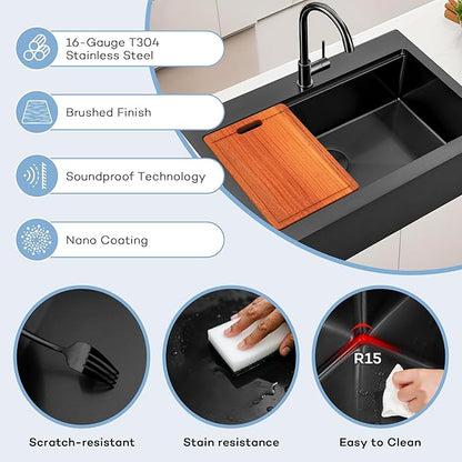 Rhbamoa Black Farmhouse Sink,Black Stainless Steel Drop in Farmhouse Sinks,Small Topmount Workstation Sinks,26 inch Single Bowl Apron Front Kitchen Farm Sink with All Accessories