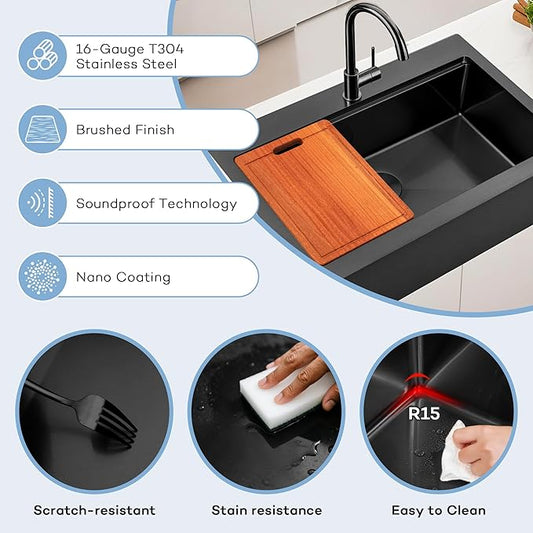 Rhbamoa Black Farmhouse Sink,Black Stainless Steel Drop in Farmhouse Sinks,Small Topmount Workstation Sinks,26 inch Single Bowl Apron Front Kitchen Farm Sink with All Accessories