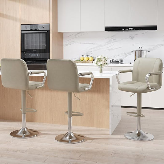 MALOL Set of 3 Beige Counter Chairs with Backs – Adjustable Swivel High Chairs for Kitchen Island, Modern Seating, Taburetes para Barra de Cocina, Island Stools for Home Bar