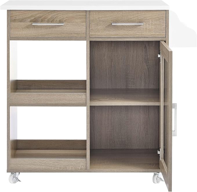 Modway Culinary Rolling Kitchen Cart with Storage in Oak White - 3 Tiers Kitchen Island on Wheels with Spice Rack, Functional as a Coffee Station, Bar Cabinet or Butcher Block Island