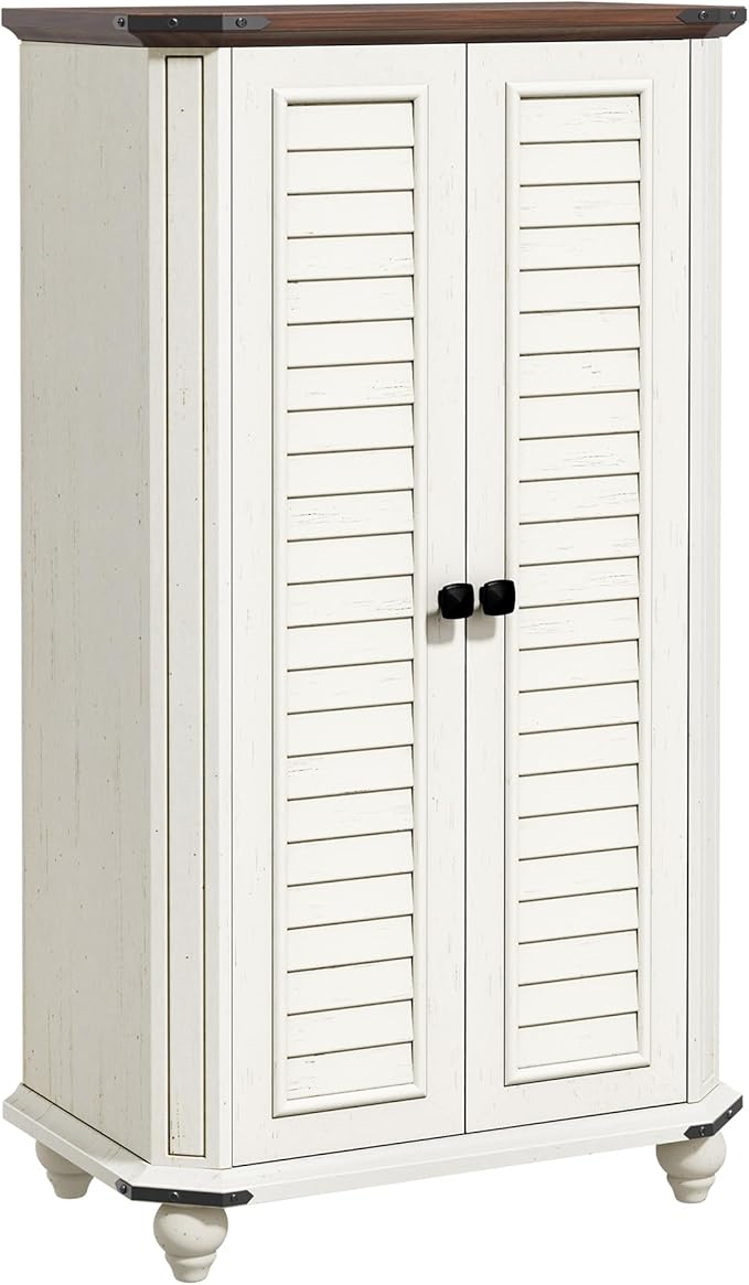 DWVO 4-Tier Storage Cabinet, 45.2" Farmhouse Kitchen Pantry Cabinet wth 2 Shutters-Doors & Adjustable Shelves, Wooden Tool Cabinet for Dining Room, Bathroom, Living Room, Laundry Room, Office, White
