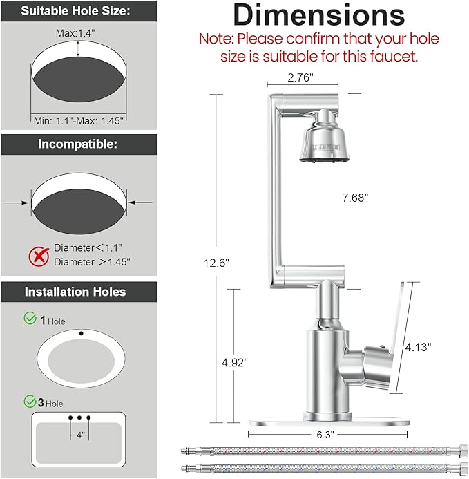 Bathroom Sink Faucet, FunnyAir Stainless Steel 1080° Rotatable Faucet for Sink 1 Hole or 3 Holes, Modern Style Single Handle Bathroom Faucets with Hot and Cold Hoses, Silver