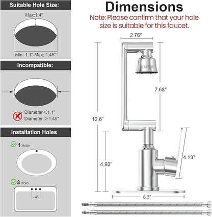 Bathroom Sink Faucet, FunnyAir Stainless Steel 1080° Rotatable Faucet for Sink 1 Hole or 3 Holes, Modern Style Single Handle Bathroom Faucets with Hot and Cold Hoses, Silver