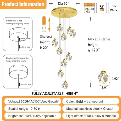 10-Lights Gold Crystal Chandeliers for Living Room 120 inches Long Staircase Chandelier Foyer Entrance Crystal Ceiling Light High Ceiling Chandeliers LED Dimmable 3000-6000K