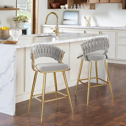 25.2" Velvet Counter Stool with Gold Accents, Ergonomic Plush Seat for Kitchen Island Bar