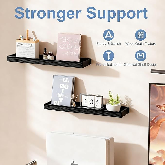 2 Pack 23.6 in Black Floating Shelves for Wall, Wooden Wall Shelves for Bedroom Living Room Kitchen, Modern and Rustic Bathroom Shelves with Raised Lip, Decor Floating Shelf for Storage Display