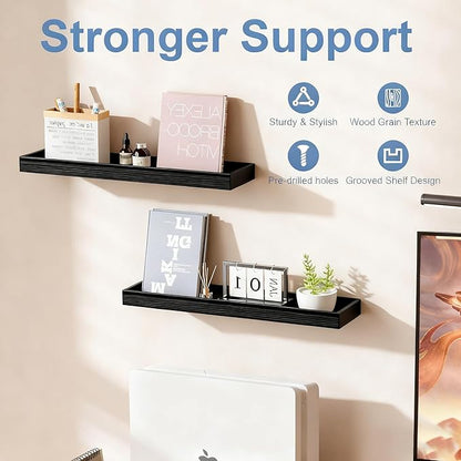 2 Pack 23.6 in Black Floating Shelves for Wall, Wooden Wall Shelves for Bedroom Living Room Kitchen, Modern and Rustic Bathroom Shelves with Raised Lip, Decor Floating Shelf for Storage Display