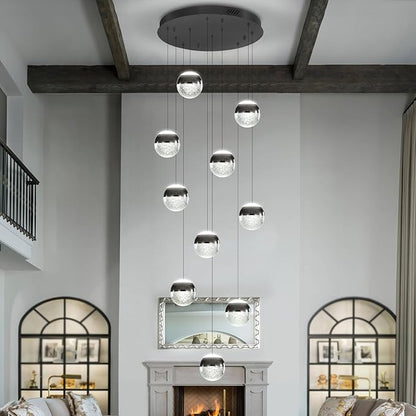 Staircase Chandelier Crystal Globe Pendant Light Black Large Chandeliers for High Ceiling,10-Lights Hanging Flush Mount Lighting Fixtures for Foyer,Entryway,Living Room