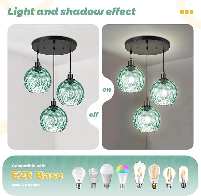 3-Light Vintage Chandelier Green Glass Globe Pendant Light Kitchen Island Mid Cenytury Lamps Black Ceiling Hanging Light for Bedroom Dining Room Living Room