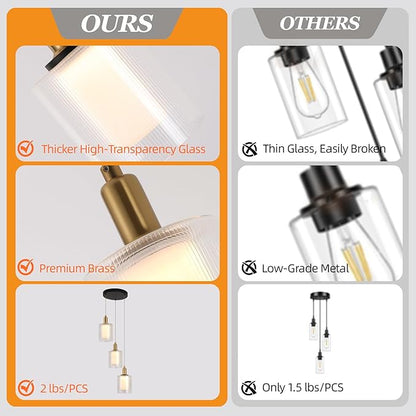 3-Light Modern Pendant Light, Black and Gold Cluster Chandelier with Ribbed Glass Shades, 18W Integrated LED 3000K Warm White, Adjustable Hanging Fixture for Kitchen Island Dining Room Stairway