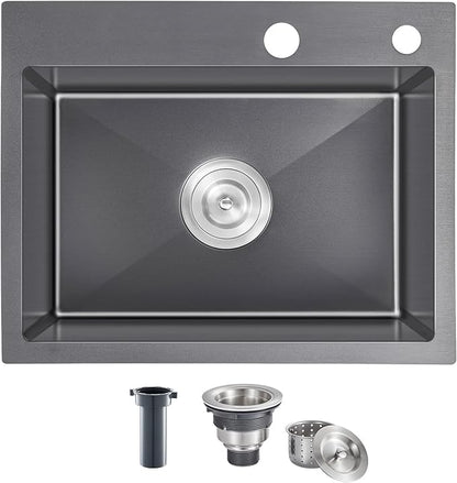 20 × 16 inch Drop-in Kitchen Sink Black, Top-mount Stainless Steel Kitchen Sink Single Bowl, Overmount Kitchen Bar Sink Single Basin