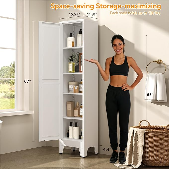 67" Tall Storage Cabinet with Reversible Doors and Adjustable Shelves,Metal Slim Freestanding Cabinet for Bathroom Kitchen Garage Small Spaces,White1 Pack