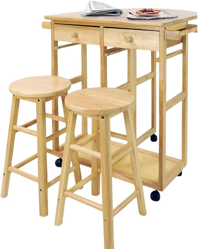 Drop Leaf Breakfast Cart Natural Solid Wood Kitchen Island Table with Two Stools Storage Shelves Rolling Wheels Compact Expandable Dining Prep Station Versatile Space Saving Modern Furniture