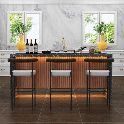 71" Large Imitation Marble Dining Table for 4-6 People, Island Table with LED Lights, Mordern Marble Stripes Kitchen Dining Table with Grille design for Dining Room, Home, Living Room (black)