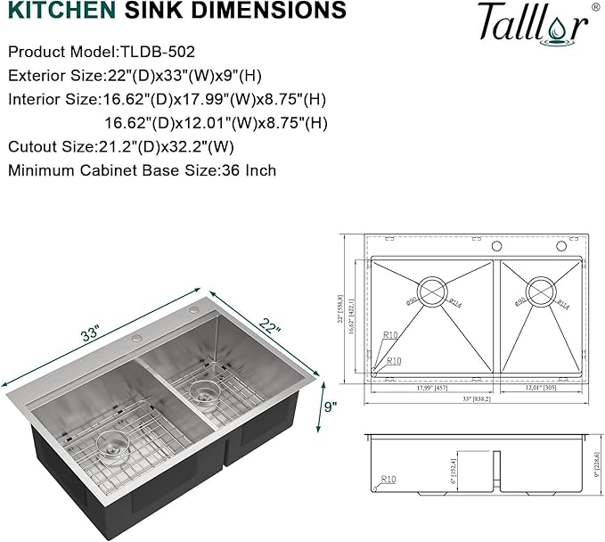 33 Inch Drop-In Double Bowl Kitchen Sink, 16 Gauge 304 Stainless Steel 60/40 Low Divide Workstation All-In One Large Sink with Accessories, Brushed Nickel #TLDB-502