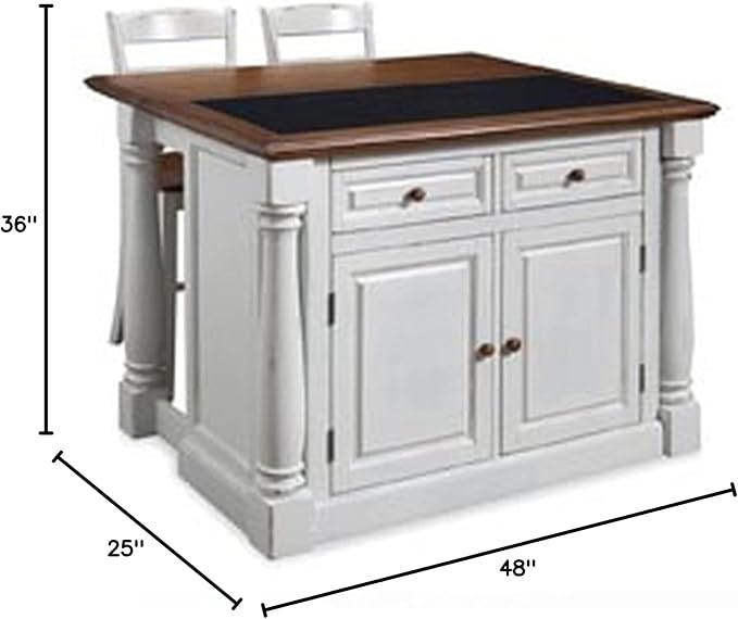 Home Styles Monarch White Kitchen Island with Granite Top, Breakfast Bar, Two Stools, Solid Oak Hardwood Top, Black Granite Inset, Two Drawers, and Four Adjustable Shelves