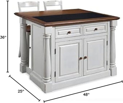 Home Styles Monarch White Kitchen Island with Granite Top, Breakfast Bar, Two Stools, Solid Oak Hardwood Top, Black Granite Inset, Two Drawers, and Four Adjustable Shelves