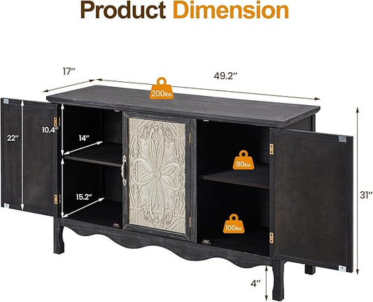 RoyalCraft Buffet Cabinet with Storage, Vintage Solid Wood Sideboard with 3 Carved Doors, Painted Coffee Bar Console Table for Dining Room, Living Room, Kitchen, Black