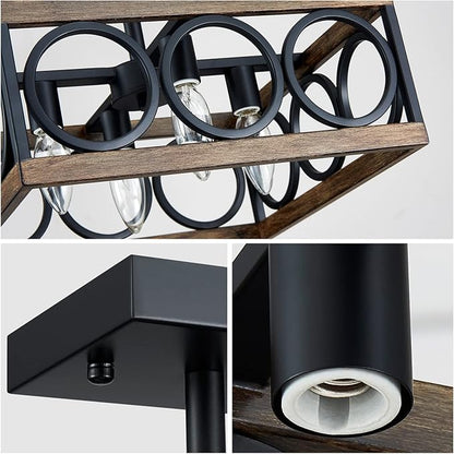 XINGQI Modern 4-Light 13'' Farmhouse Vintage Semi Flush Mount Ceiling Light Fixture for Living Dining Room Bedroom, Antique Wood Grain+Black Finish with Square Metal Shade,E12 Bulbs