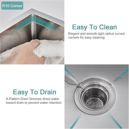 18 inch Bar Sink, KINKIB 18 x 18 x 9 inch Undermount Bar or Prep Kitchen Sink, Handmade Single Bowl T-304 Stainless Steel Small Kitchen Sink with Strainer